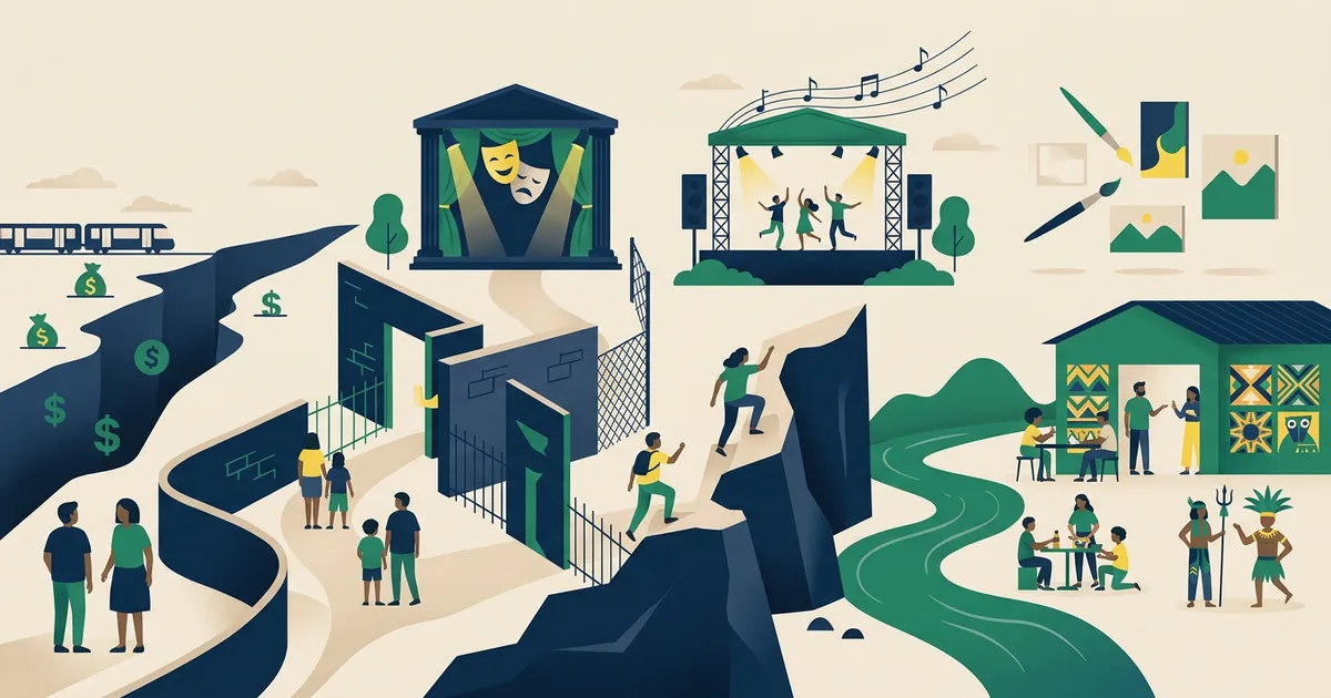 Ilustração educacional sobre Acesso a atividades culturais e de lazer no Brasil - desafios para comunidades de baixa renda (Arte e Cultura)