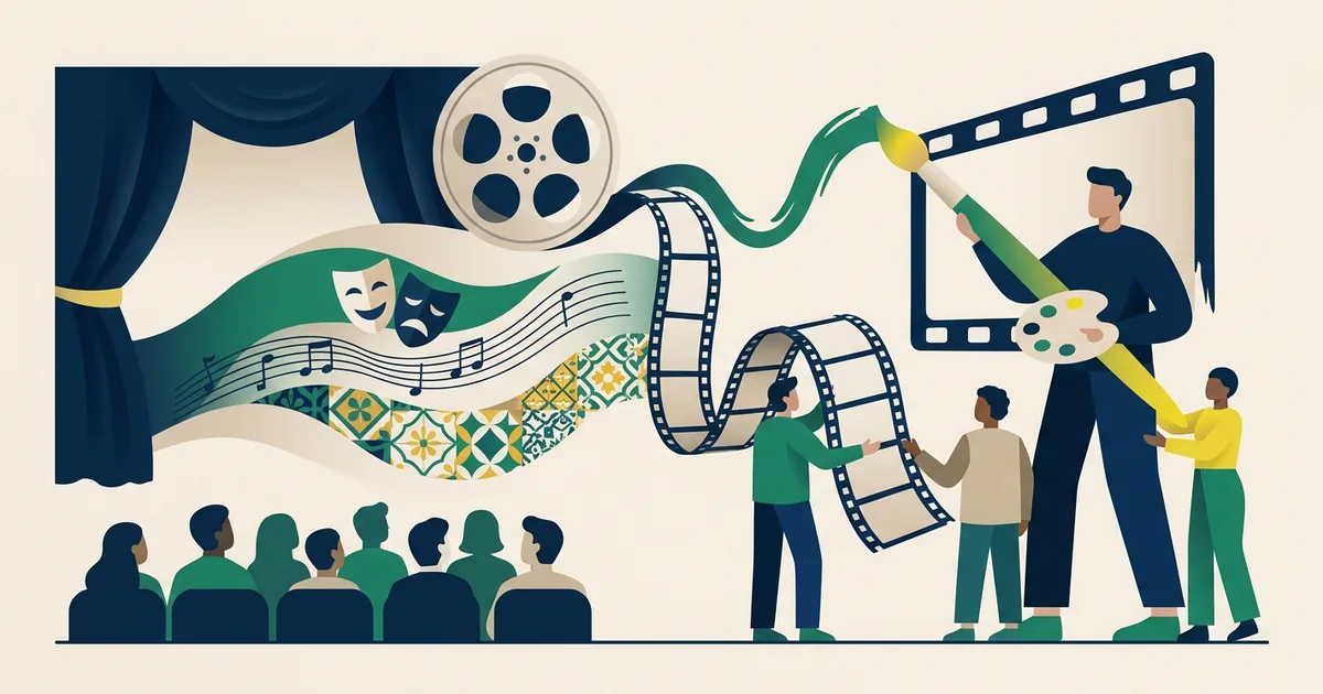 Ilustração educacional sobre Cinema e consciência social - o papel do audiovisual na discussão de temas contemporâneos (Arte e Cultura)