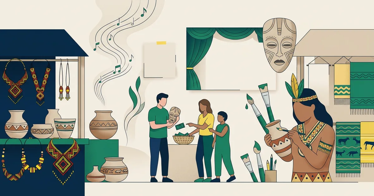 Ilustração educacional sobre A comercialização da cultura indígena - dilemas entre valorização e apropriação (Arte e Cultura)
