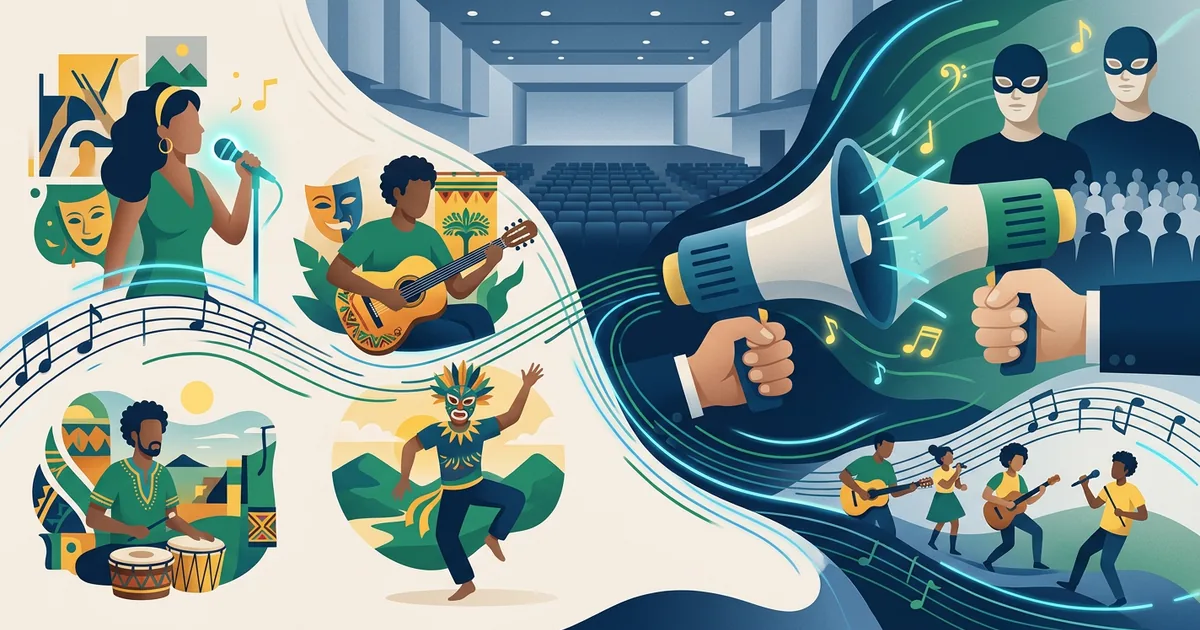 Ilustração educacional sobre Desigualdade no mercado musical - a marginalização de artistas independentes e de gêneros não comerciais (Arte e Cultura)