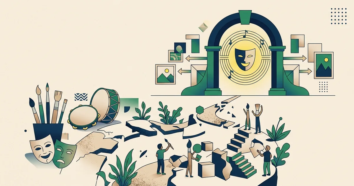 Ilustração educacional sobre A elitização dos editais culturais e as dificuldades de fomento para artistas independentes (Arte e Cultura)