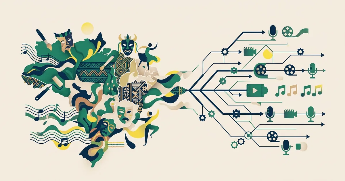 Ilustração educacional sobre Globalização e homogeneização cultural - impactos na diversidade brasileira (Arte e Cultura)