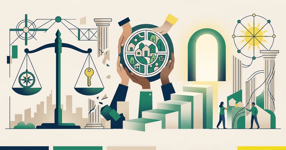 Ilustração educacional sobre Desafios no acesso à moradia digna diante da efetivação do direito constitucional à cidade no Brasil (Direito e Cidadania)