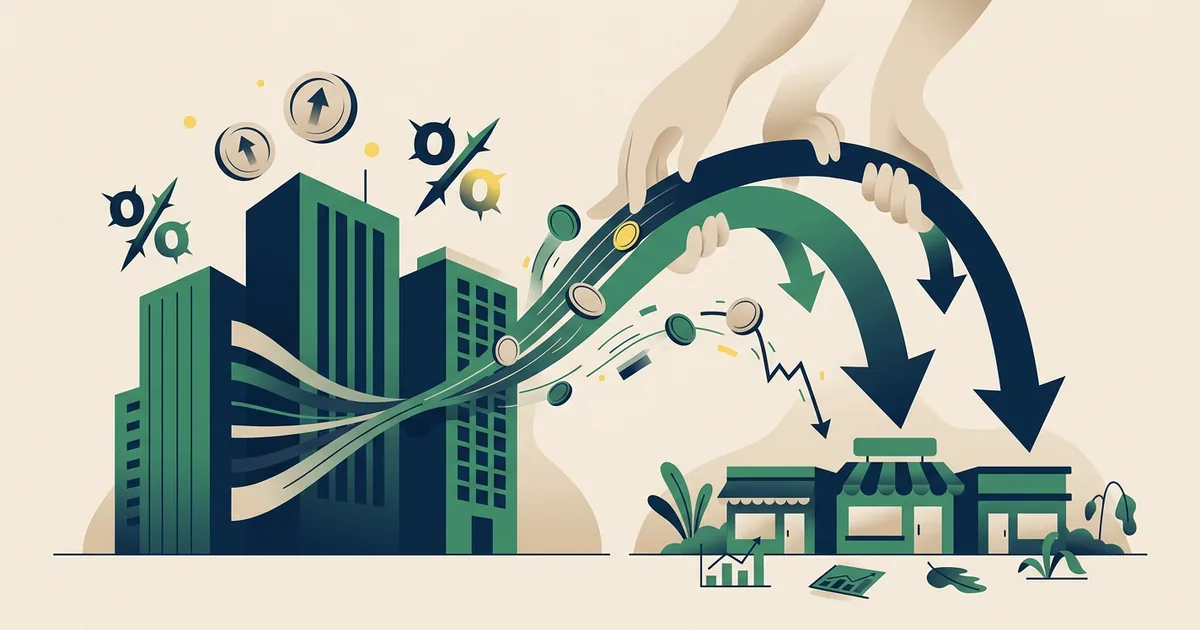 Ilustração educacional sobre O impacto da concentração bancária e dos altos juros na autonomia do microempreendedor (Economia)