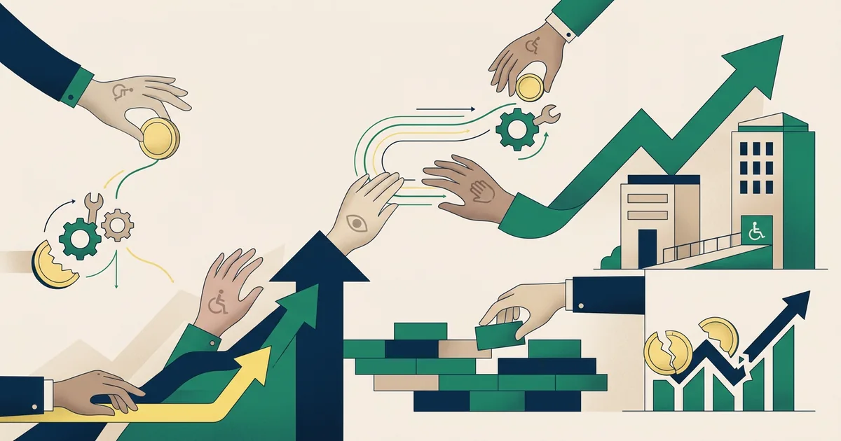 Ilustração educacional sobre Desafios da inclusão de pessoas com deficiência no mercado de trabalho (Economia)
