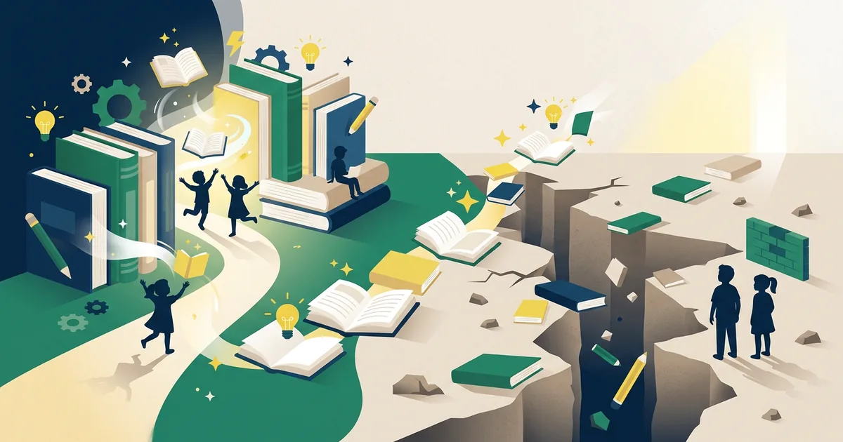Ilustração educacional sobre O abismo do letramento - os entraves para a universalização da educação infantil de qualidade no Brasil (Educação)