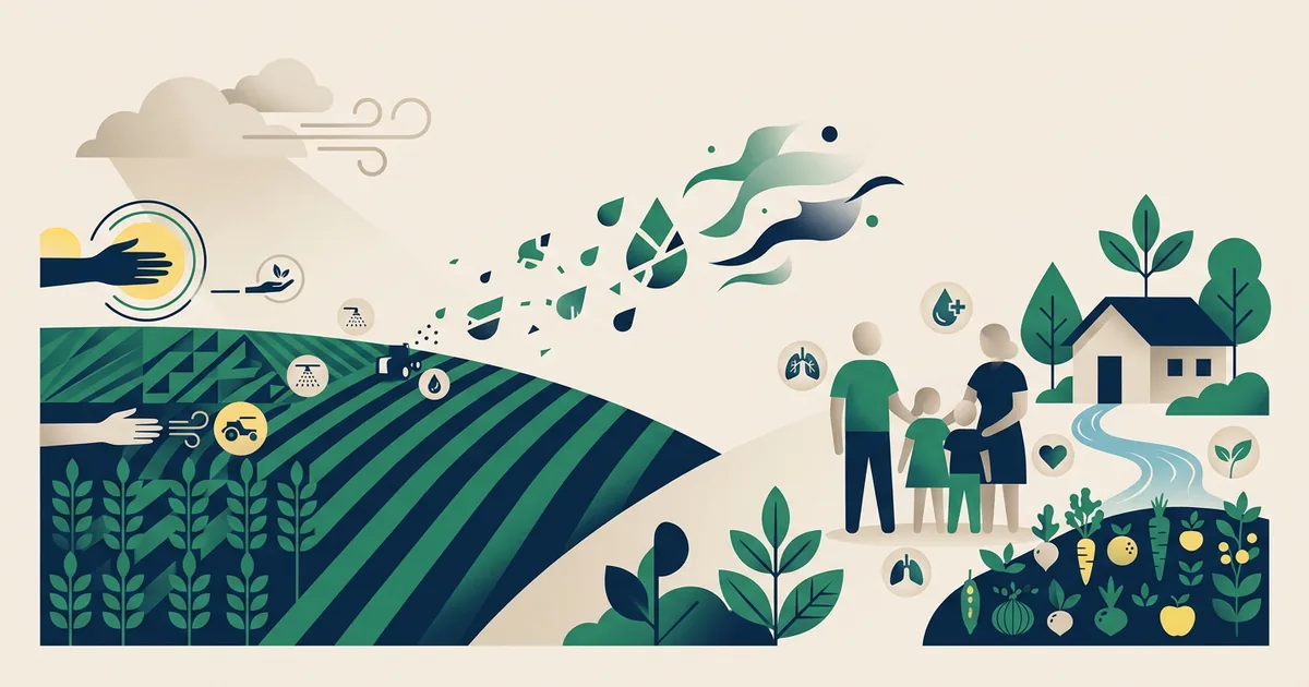 Ilustração educacional sobre O impacto do agronegócio intensivo na saúde das comunidades vizinhas aos latifúndios (Meio Ambiente)