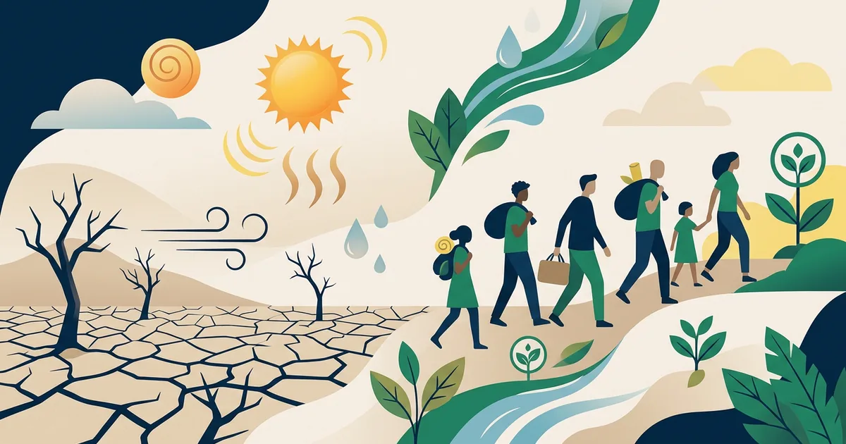 Ilustração educacional sobre Desertificação e migração forçada - o avanço silencioso da crise ambiental no Brasil (Meio Ambiente)