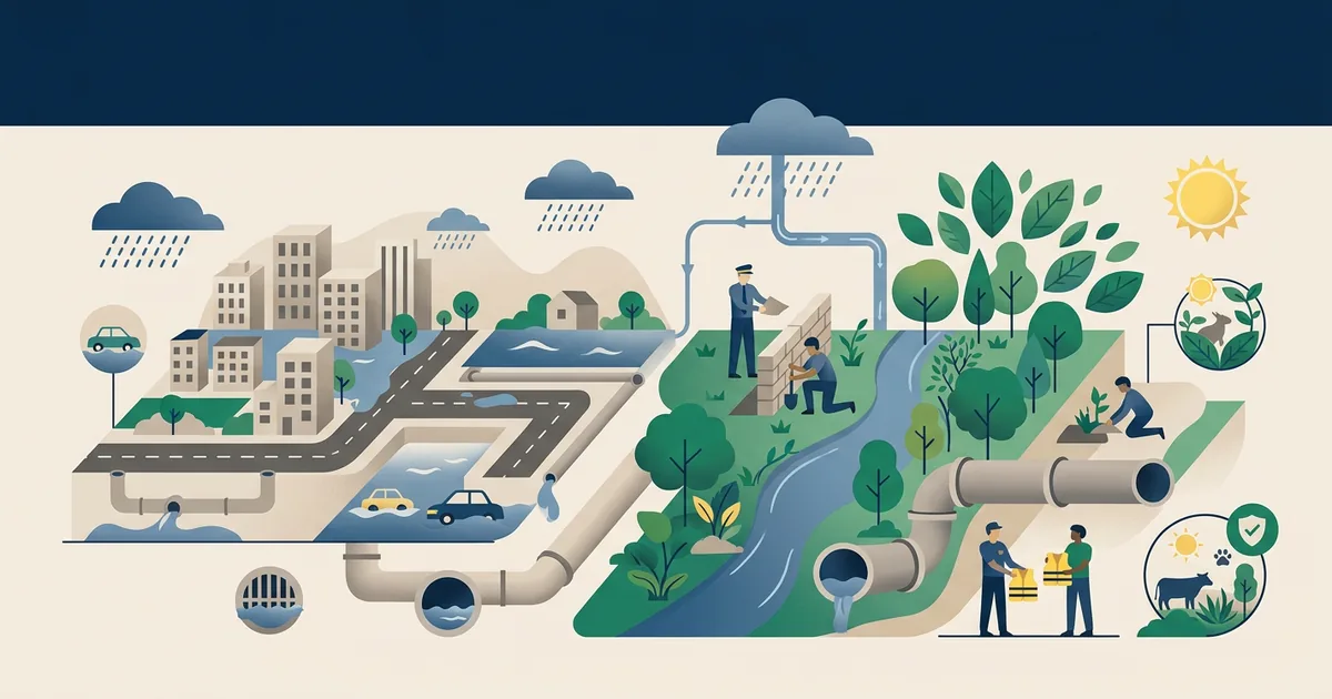 Ilustração educacional sobre Enfrentamento das enchentes urbanas e a responsabilidade do poder público (Meio Ambiente)