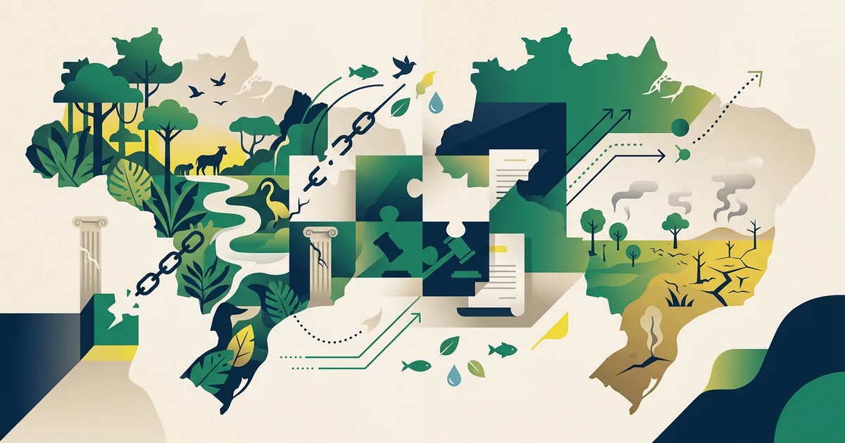 Ilustração educacional sobre Os desafios da fragilidade das leis ambientais no combate à degradação ecológica (Meio Ambiente)
