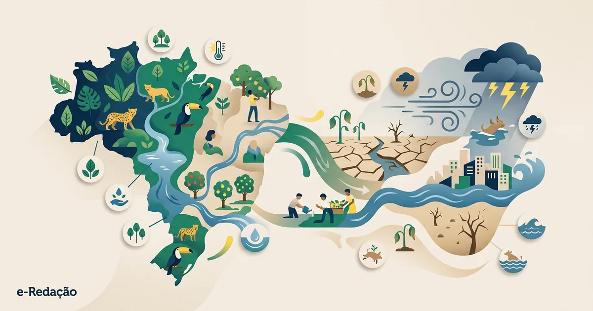 Ilustração educacional sobre Os impactos das mudanças climáticas na vida da população brasileira (Meio Ambiente)