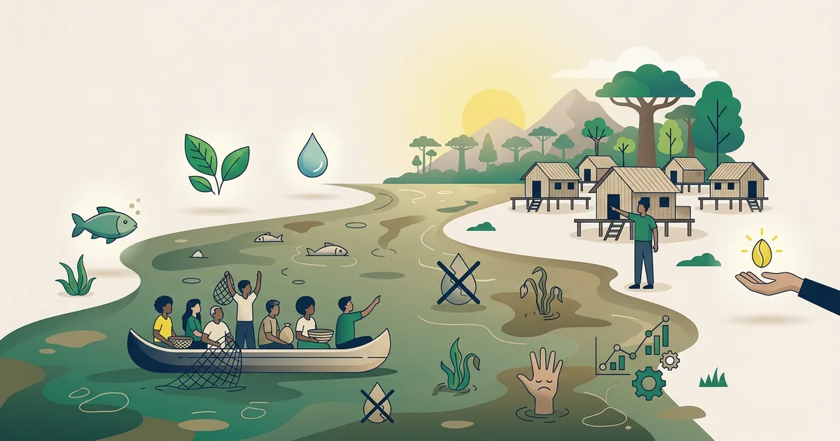 Ilustração educacional sobre A poluição dos rios e seus efeitos na ampliação da vulnerabilidade social de populações ribeirinhas no Brasil (Meio Ambiente)