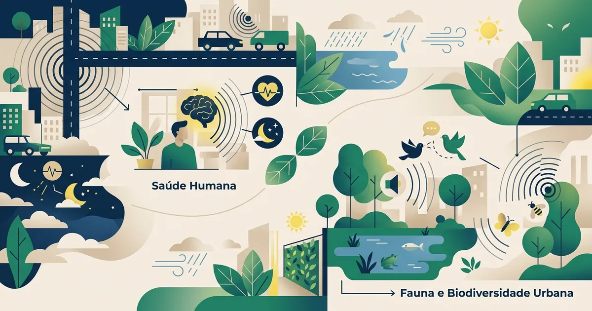 Ilustração educacional sobre A poluição sonora nos centros urbanos e seus efeitos na fauna e na saúde humana (Meio Ambiente)
