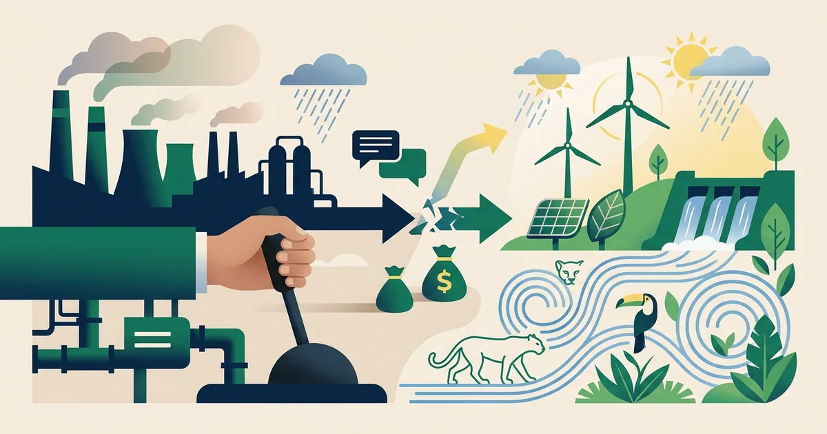 Ilustração educacional sobre Os desafios da transição para energias limpas em um país ainda dependente de combustíveis fósseis (Meio Ambiente)