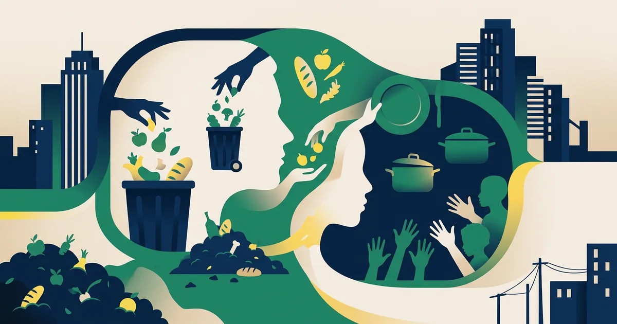 Ilustração educacional sobre O desperdício de alimentos frente à pobreza extrema (Questões Sociais)