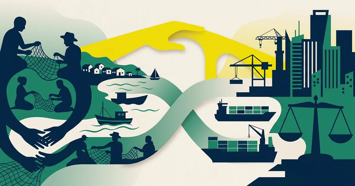 Ilustração educacional sobre A invisibilidade social dos pescadores artesanais no Brasil - desafios entre a subsistência e a modernização (Questões Sociais)
