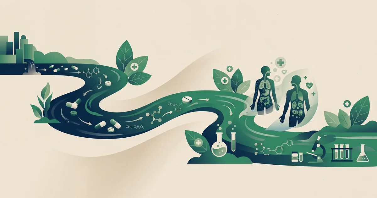 Ilustração educacional sobre Os desafios da poluição dos rios por medicamentos e seus impactos humanos (Saúde e Ciência)